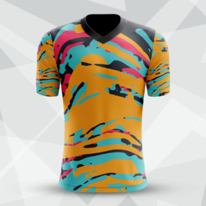 Amber Camo Storm V-neck sublimation jersey with orange, teal and pink abstract camouflage pattern, black collar — 4na Printing Malaysia