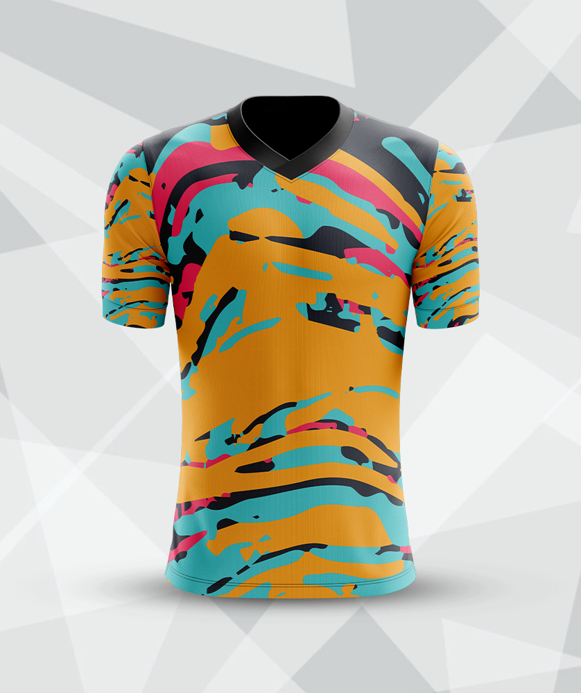 Amber Camo Storm V-neck sublimation jersey with orange, teal and pink abstract camouflage pattern, black collar — 4na Printing Malaysia